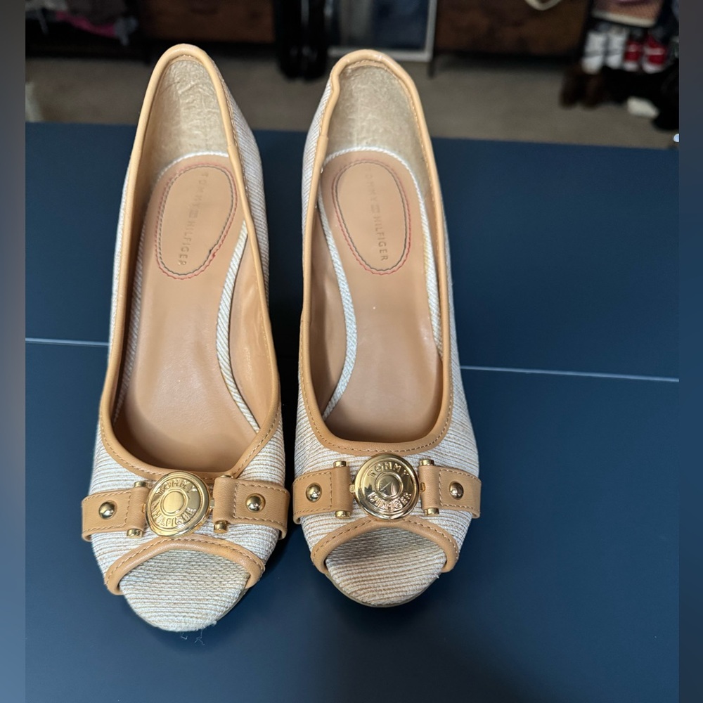 Tommy Hilfiger Beige and Tan Peep-Toe Heels